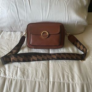 Brown vegan leather purse with guitar strap